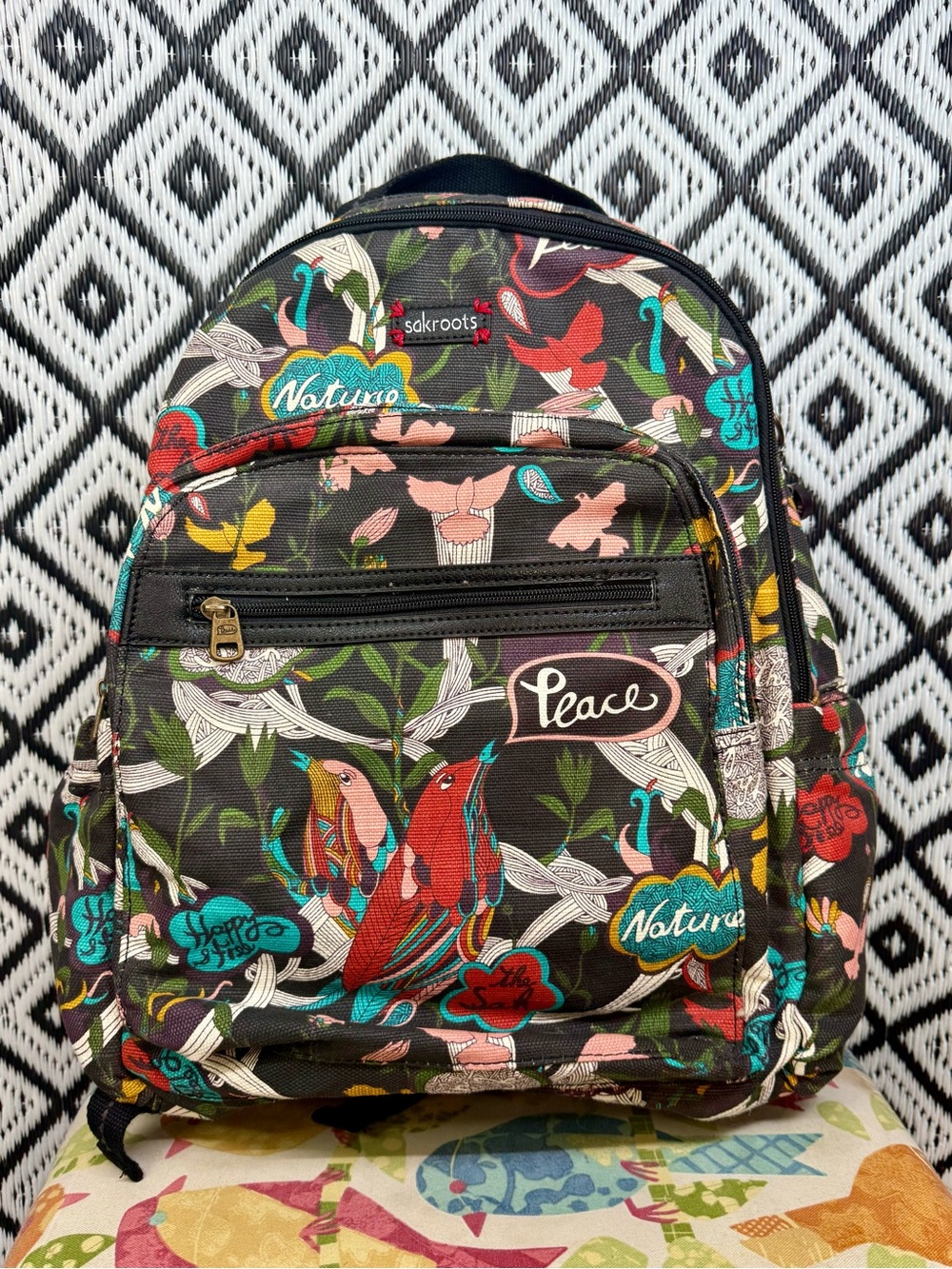 Sakroots Black Floral Bird Backpack - Peace Nature Design